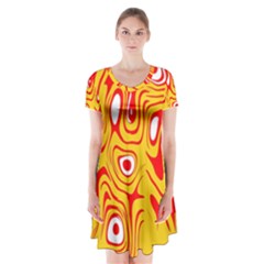 Red-yellow Short Sleeve V-neck Flare Dress by nateshop