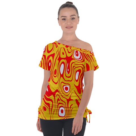 Red-yellow Off Shoulder Tie-up Tee by nateshop