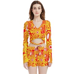 Red-yellow Velvet Wrap Crop Top And Shorts Set by nateshop