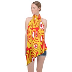 Red-yellow Halter Asymmetric Satin Top by nateshop