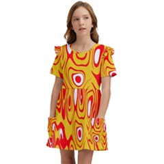 Red-yellow Kids  Frilly Sleeves Pocket Dress by nateshop