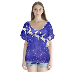 Santa-claus-with-reindeer V-neck Flutter Sleeve Top by nateshop