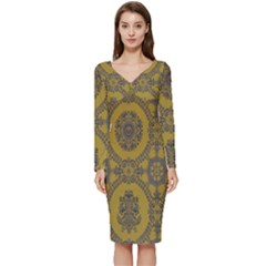 Tapestry Long Sleeve V-neck Bodycon Dress  by nateshop