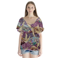 Textile Fabric Pattern V-neck Flutter Sleeve Top by nateshop