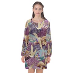 Textile Fabric Pattern Long Sleeve Chiffon Shift Dress  by nateshop