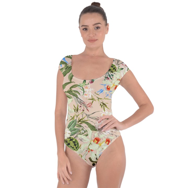 Tropical Fabric Textile Short Sleeve Leotard 