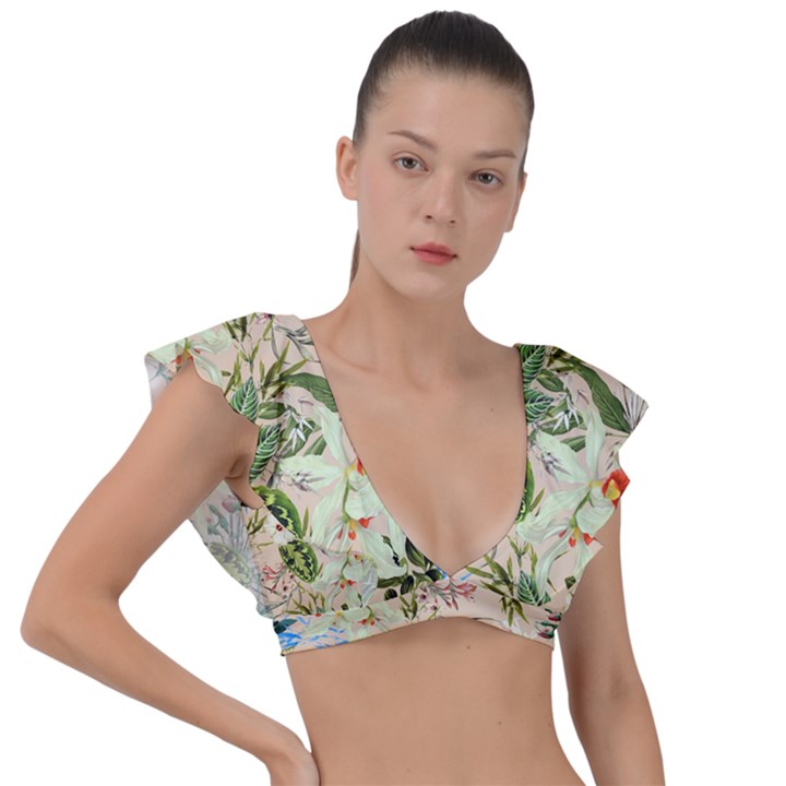 Tropical Fabric Textile Plunge Frill Sleeve Bikini Top