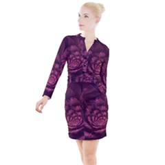 Fractal Blossom Flower Bloom Button Long Sleeve Dress by Wegoenart