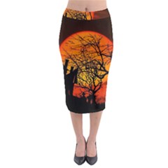 Night Full Moon Gespenstig Midi Pencil Skirt by Wegoenart