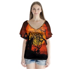 Night Full Moon Gespenstig V-neck Flutter Sleeve Top by Wegoenart