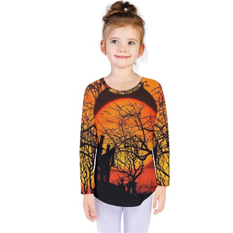 Night Full Moon Gespenstig Kids  Long Sleeve Tee by Wegoenart