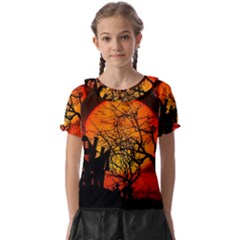 Night Full Moon Gespenstig Kids  Frill Chiffon Blouse by Wegoenart