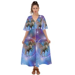 Unicorn Abstract Wave Line Kimono Sleeve Boho Dress by Wegoenart