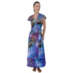 Unicorn Abstract Wave Line Flutter Sleeve Maxi Dress by Wegoenart