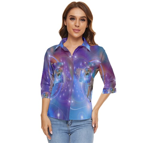 Unicorn Abstract Wave Line Women s Quarter Sleeve Pocket Shirt by Wegoenart