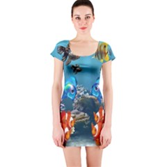 Aquarium Fish Tank Sea Life Short Sleeve Bodycon Dress by Wegoenart