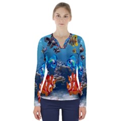 Aquarium Fish Tank Sea Life V-neck Long Sleeve Top by Wegoenart