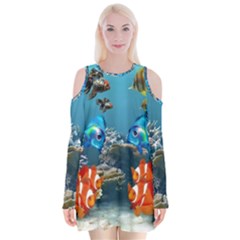 Aquarium Fish Tank Sea Life Velvet Long Sleeve Shoulder Cutout Dress by Wegoenart