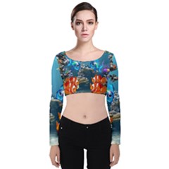 Aquarium Fish Tank Sea Life Velvet Long Sleeve Crop Top by Wegoenart