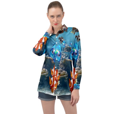 Aquarium Fish Tank Sea Life Long Sleeve Satin Shirt by Wegoenart