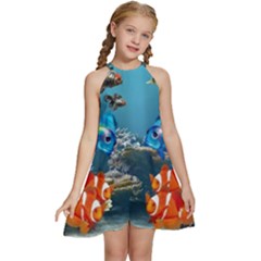 Aquarium Fish Tank Sea Life Kids  Halter Collar Waist Tie Chiffon Dress