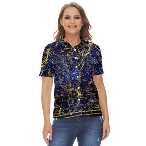 Constellation Perseus Andromeda Galaxy Women s Short Sleeve Double Pocket Shirt by Wegoenart