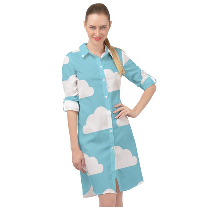 Clouds Blue Pattern Long Sleeve Mini Shirt Dress