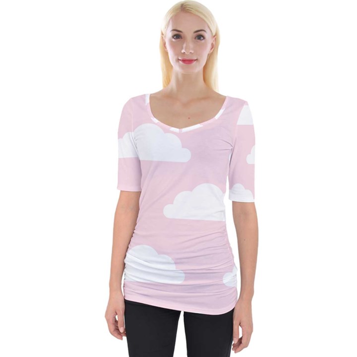 Clouds Pink Pattern   Wide Neckline Tee