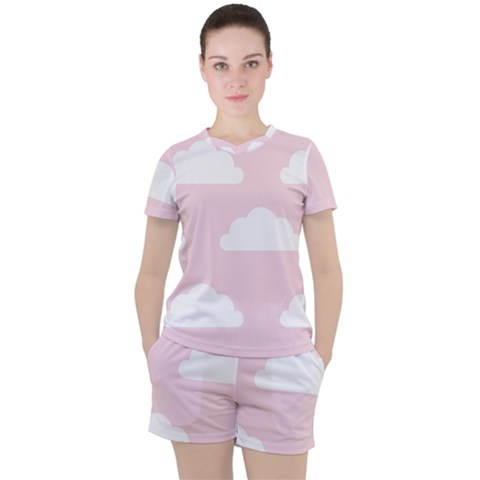 Clouds Pink Pattern   Women s Tee And Shorts Set by ConteMonfrey