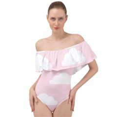 Clouds Pink Pattern   Off Shoulder Velour Bodysuit  by ConteMonfrey