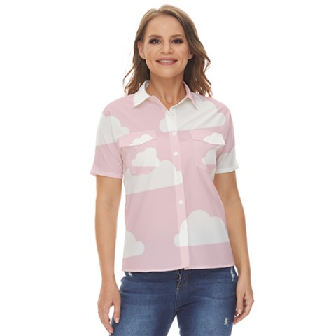 Clouds Pink Pattern   Women s Short Sleeve Double Pocket Shirt by ConteMonfrey