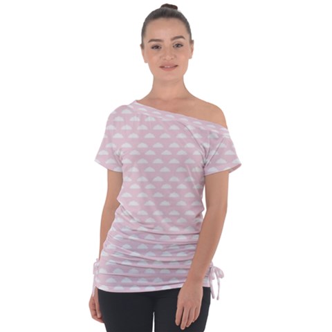 Little Clouds Pattern Pink Off Shoulder Tie-up Tee by ConteMonfrey