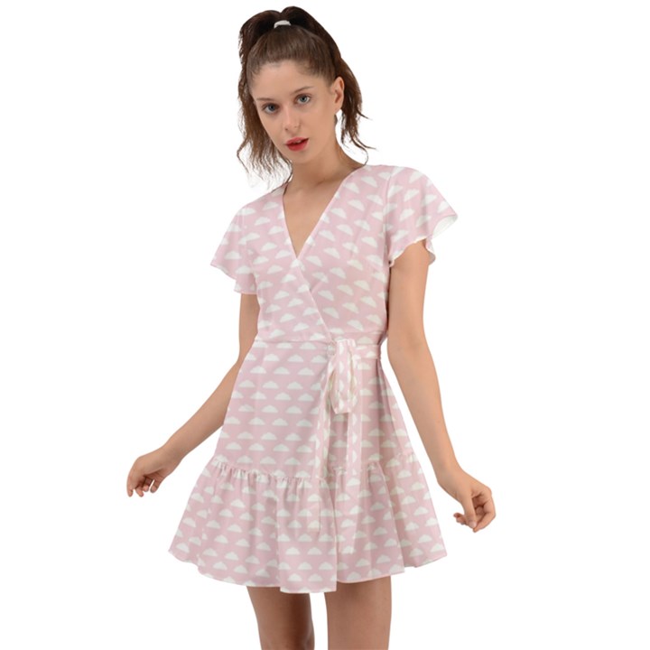 Little Clouds Pattern Pink Flutter Sleeve Wrap Dress