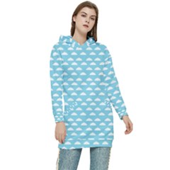 Little Clouds Blue  Women s Long Oversized Pullover Hoodie by ConteMonfrey