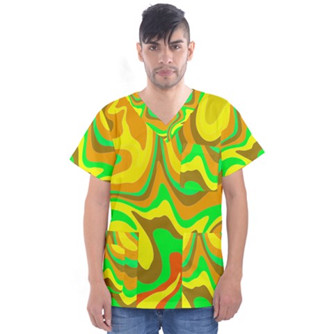 Groovy Wavy Pattern Colorful Pattern Men s V-neck Scrub Top by Wegoenart