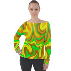 Groovy Wavy Pattern Colorful Pattern Off Shoulder Long Sleeve Velour Top by Wegoenart