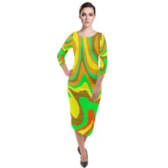 Groovy Wavy Pattern Colorful Pattern Quarter Sleeve Midi Velour Bodycon Dress by Wegoenart