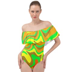 Groovy Wavy Pattern Colorful Pattern Off Shoulder Velour Bodysuit  by Wegoenart