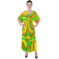 Groovy Wavy Pattern Colorful Pattern V-neck Boho Style Maxi Dress by Wegoenart