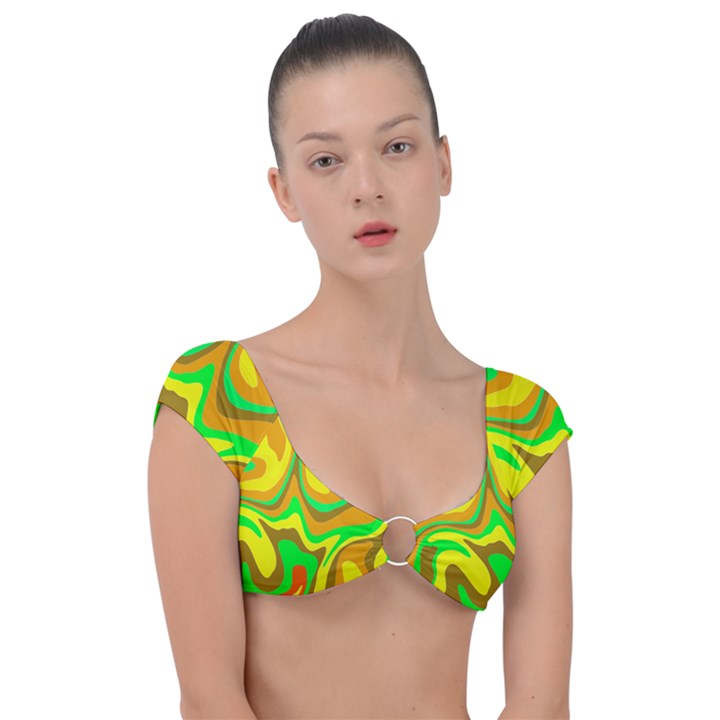 Groovy Wavy Pattern Colorful Pattern Cap Sleeve Ring Bikini Top