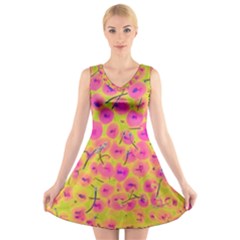 Cherries Fruit Food Neon Texture Fluorescent V-neck Sleeveless Dress by Wegoenart