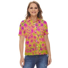 Cherries Fruit Food Neon Texture Fluorescent Women s Short Sleeve Double Pocket Shirt