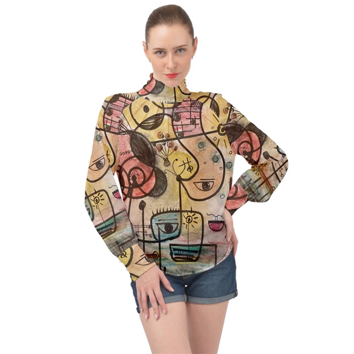 Puzzle Abstract Drawing Mysterious High Neck Long Sleeve Chiffon Top