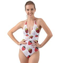 Strawberry Fruit Pattern Background Halter Cut-out One Piece Swimsuit by Wegoenart