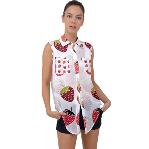 Strawberry Fruit Pattern Background Sleeveless Chiffon Button Shirt by Wegoenart