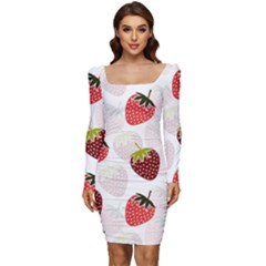 Strawberry Fruit Pattern Background Women Long Sleeve Ruched Stretch Jersey Dress