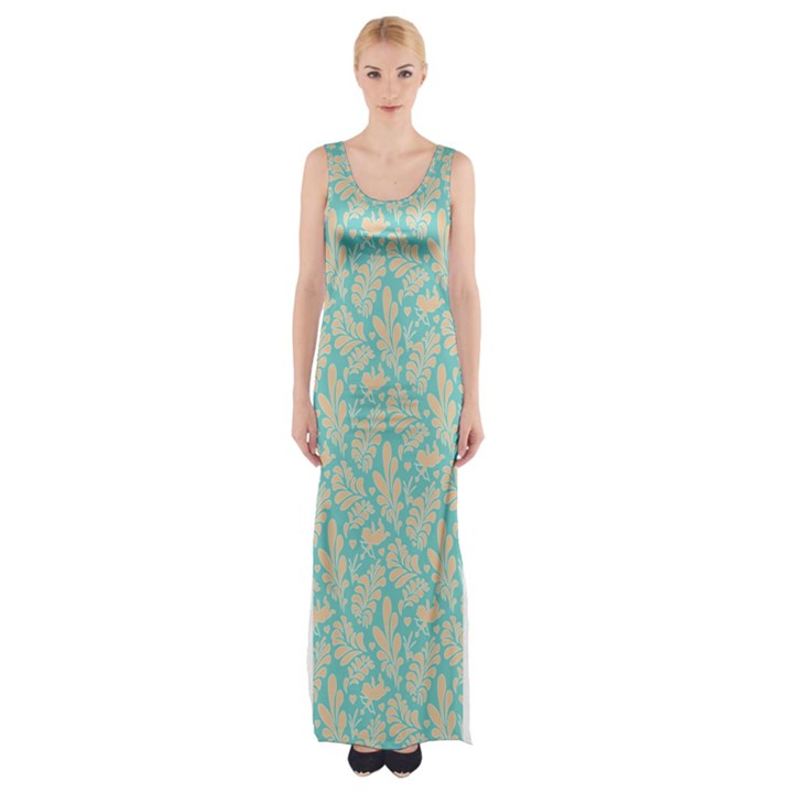 Contrasting Leaves Thigh Split Maxi Dress