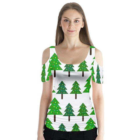 Chrismas Tree Greeen Butterfly Sleeve Cutout Tee  by nateshop