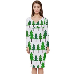 Chrismas Tree Greeen Long Sleeve V-neck Bodycon Dress  by nateshop