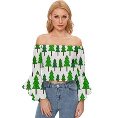 Chrismas Tree Greeen Off Shoulder Flutter Bell Sleeve Top by nateshop